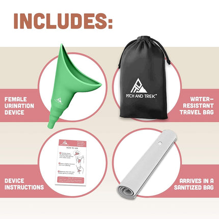 Pitch and Trek® - Female Urinal - Foolproof Urination Device Allows Women to Pee Standing Up - No Mess, Womens Pee Funnel - Compact and Lightweight for Outdoor Activities - with Discreet Carry Bag