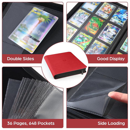 Card Binder 9 Pocket with Zipper, 648 Pockets Trading Card Holder Book, Premium PU Cover Zip Folder Binder, Side Loading Carrying Case Binder Album for TCG, MTG, Sports Cards, Game Cards (Red)