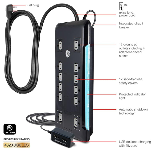 GE UltraPro 12-Outlet Surge Protector, Tethered 2 USB Ports, 8 Ft Power Cord, 4320 Joules, Flat Plug, Power Filter, Circuit Breaker, Warranty, UL Listed, Black, 11824