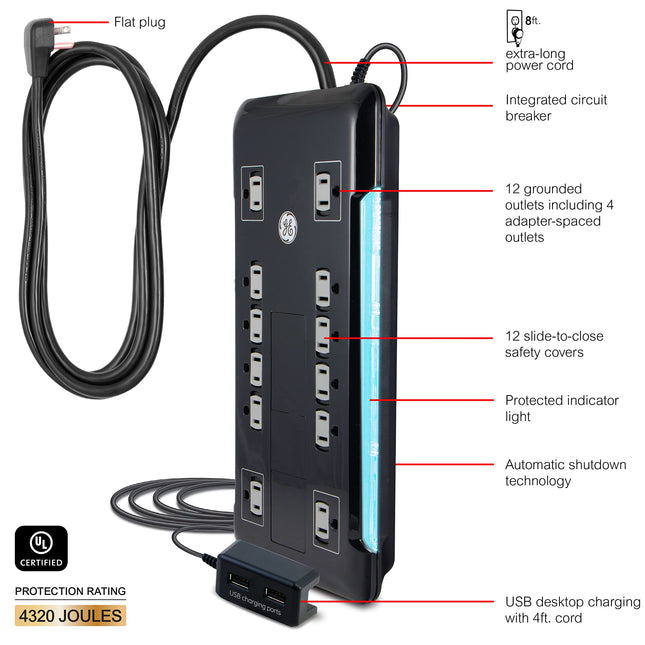 GE UltraPro Parafoudre 12 prises, 2 ports USB intégrés, cordon d'alimentation 2,4 m, 4320 joules, fiche plate, filtre de ligne, disjoncteur, garantie, certifié UL, noir, 11824