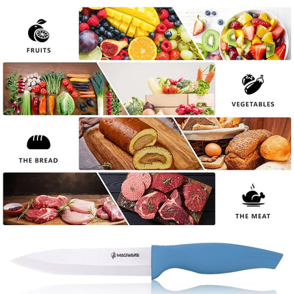 Magiware 6-Piece Ceramic Paring Knife Set with Sheaths - Sharp and Healthy (5in Utility, 4in Fruit, 3in Paring Knife) - Red