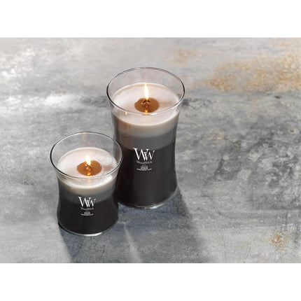 WoodWick Large Hourglass Scented Trilogy Candle | Warm Woods | with Crackling Wick | Up to 130 Hours Burn Time