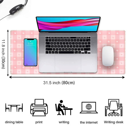Pink Minimalist Gingham Floral Desk Mat Gaming Mouse Pad Large Cute Pastel Desk Pad Deskmat Kawaii, Women Office Desk Cover Mat, Laptop Computer Keyboard Mat Mousepad Desk Accessories 31.5"x11.8"