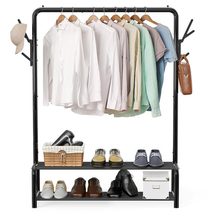 Simple Houseware Clothes Rack with Storage Shelf & Coat/Hat Hanging Hooks