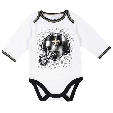 NFL New Orlean Saints 3 Pack Bodysuit Footed Pant and Cap Registry Gift Set, Black/White New Orlean Saints, 0-3M