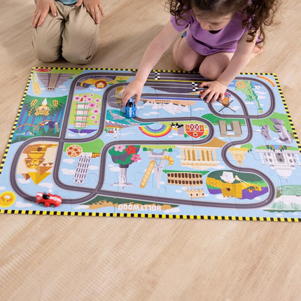 Melissa & Doug Race Around the World Tracks Cardboard Jigsaw Floor Puzzle and Wind-Up Vehicles | Educational Toys for Kids | Age 3+ - FSC Certified