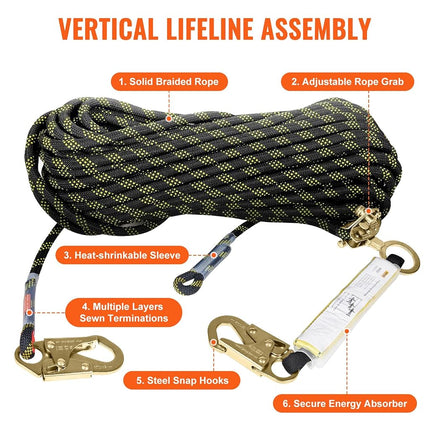 VEVOR Vertical Lifeline Assembly, 0.55'' x 50' Fall Protection Rope with 30 KN Breaking Tension, Polyester Roofing Rope with Steel Snap Hooks, Rope Grab, and Shock Absorber, ANSI Compliant