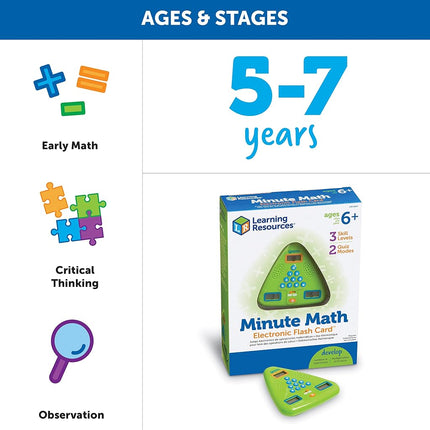 Learning Resources Minute Math Electronic Flash Card, Ages 6+, Maths Travel Game, Fast-Paced Mental Arithmetic Toy with 3 Difficulty Levels, Gifts For Kids