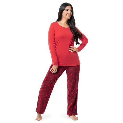 Fruit of the Loom Women's Sueded Jersey Crew Top and Fleece Pant Sleep Set, Red/Starry Sky, 2X