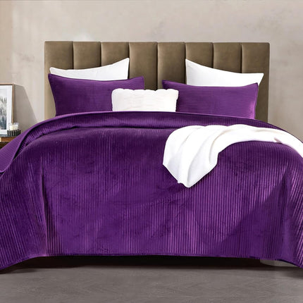 Elegant Comfort Luxury 3-Piece Velvet Corduroy Stripe Quilt Set, Ultra Soft Bedspread - Cozy Velvet Coverlet Set - 3PC Medium Weight Quilted Set with Matching Pillow Shams, Full, Purple