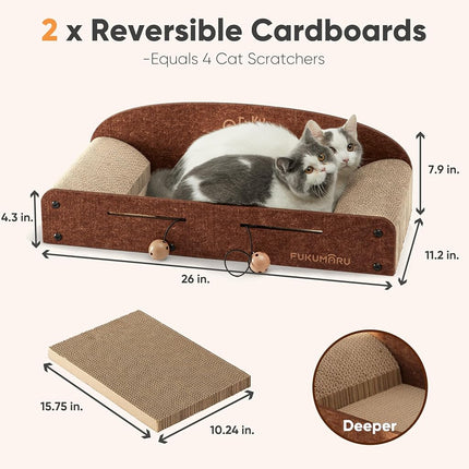 FUKUMARU 26 Inch Cat Scratcher Cardboard Lounge Bed, Durable Cat Scratcher Bed Large Lounger, 2 Reversible Cat Scratching Pads for Indoor Cats, Recyclable Cat Scratch Bed Cardboard with Bell Ball Toy