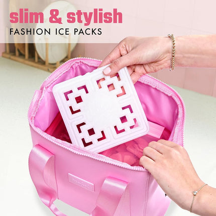 Cool Coolers Fashion Ice by Fit & Fresh, 3 Pack Large Slim Ice Packs, Unique Ice Pack Design for Womens Lunch Bag, Space Saving Reusable Freeze Blocks for Lunch Boxes, Cooler, Pearl White, 3PK