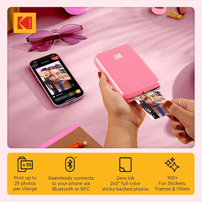 Kodak Step Instant Smartphone Photo Printer, Portable Mini Color Wireless Mobile Printer, Zink 2x3” (5.1x7.5 cm) Sticky-Back Photos, Bluetooth, 75 Sheets Bundle, Pink
