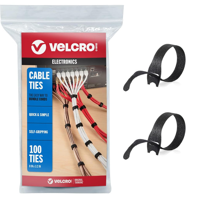 VELCRO Brand ONE WRAP Thin Ties | Strong & Reusable | Perfect for Fastening Wires & Organizing Cords | Black, 8 x 1/2-Inch | 100 Count