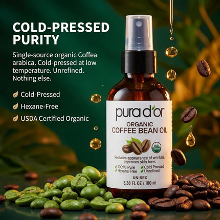 PURA D'OR 3.38 Oz ORGANIC Coffee Bean Oil - 100% Pure USDA Certified Premium Grade Natural Moisturizer, Cold Pressed, Unrefined, Hexane-Free Base Carrier Oil for DIY Skin Care For Men & Women