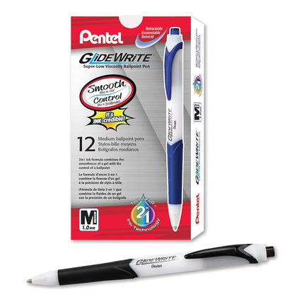 Pentel Pens, GlideWrite Ballpoint Pen with TechniFLO Ink - Bulk Pack of 12 BLACK Ink Pens 1.0mm with Retractable Barrel Design - Easy Grip & Smooth Writing, Metal Tip, Medium point pen.