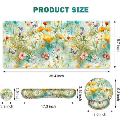 Gaming Mouse Pad, Large Desk Mat, Cute Desk Pad Protector, 4in1 XXL Mousepad + Keyboard Wrist Rest+Mouse Wrist Rest+Coaster Set with Ergonomic Desk Pad for Home Office PC Computer, Yellow Flowers