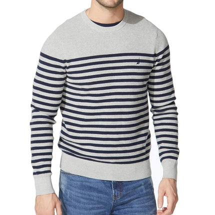 Suéter de cuello redondo de punto a rayas Nautica para hombre, gris jaspeado, XXL