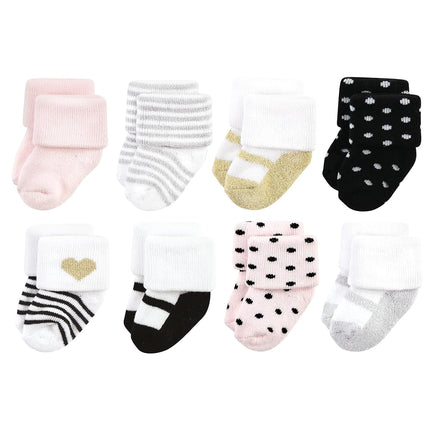 Hudson Baby Chaussettes nouveau-né en coton riche et en tissu éponge pour bébés filles, argent or rose, 6-12 mois