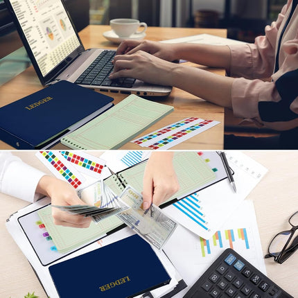 Skyygemm Ring Ledger Binder with 200 Pcs 5"x8.5" Ledger Sheets Small Index Tabs for Bookkeeping Accounting Business with Debit Credit Balance Columns(Blue Cover, Yellow Sheets)