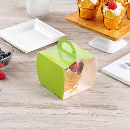 Restaurantware-4 Inch x 4.25 Inch Cupcake Boxes, 100 Disposable Cupcake Display Boxes - with Handle, Geometric Line Accent, Clear Plastic Single Cupcake Containers, for Weddings Or Birthdays