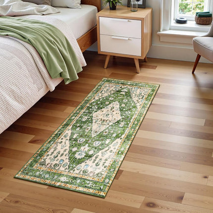 Lahome Boho Tribal Runner Rug - 2x4.3 Green Bohemian Kitchen Runners Small Bedroom Rugs, Distressed Soft Washable Non Slip Throw Carpet Runner for Door Mat Laundry Room Bathroom Office Decor
