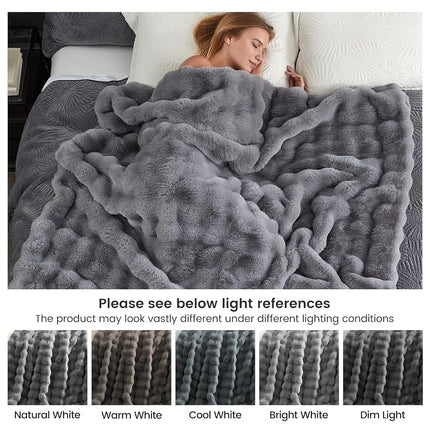 Cozy Bliss Faux Fur Throw Blanket for Couch, Bubble Plush Blanket Twin Size, Fuzzy Soft & Thick Blanket for Bed Sofa Living Room, 152.4 x 203.2cm Grey
