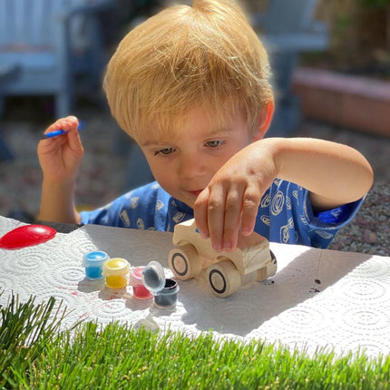 Melissa & Doug ¡Creado por mí! Kit de manualidades de madera para pintar y decorar tus propios vehículos para niños, paquete de 2: Camión monstruo, Tren