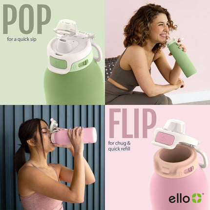 Ello Pop & Fill 32oz Stainless Steel Water Bottle with QuickFill Technology, Double Walled and Vacuum Insulated Metal, Leak Proof Locking Lid, Straw and Chug, Reusable, BPA Free, Pink Gingham