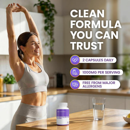 Nutrawave PURE Berberine MAXIMUM POTENCY 1000mg per Serving (2 capsules 500mg each) Non-GMO, Vegan, Gluten Free. 90 Easy to Swallow Capsules