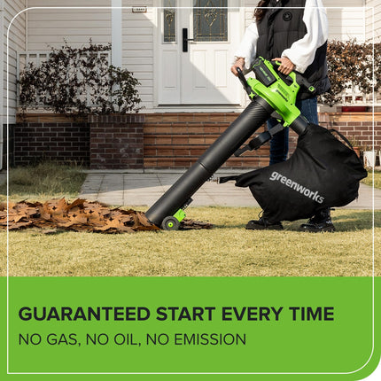 Soplador/Aspirador de Hojas Inalámbrico sin Escobillas Greenworks 40V (370.1 km/h / 14.3 m³/min) con Bolsa, Alta Potencia, Ligero y Silencioso para Limpieza de Residuos de Jardín, Incluye Batería de 5.0Ah y Cargador