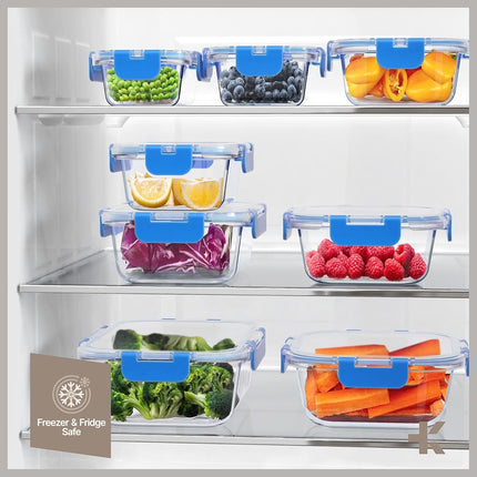 Boîtes de conservation en verre borosilicate bleu avec couvercles, 24 pièces, qualité alimentaire, sans BPA, empilables, passent au micro-ondes, au congélateur et au lave-vaisselle, hermétiques et étanches