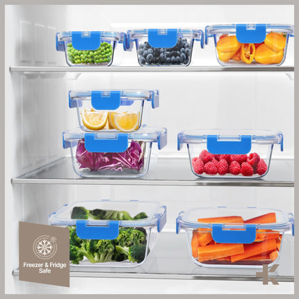 Blue Borosilicate Glass Food Storage Containers with Lids 16 Pieces, Food-grade, BPA-Free Stackable Glass Lunch & Leftover Containers, Microwave, Freezer & Dishwasher Safe, Airtight Leak-Proof