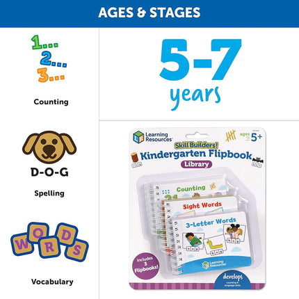 Learning Resources Skill Builders! Kindergarten Flipbook Library - 3 Pieces, Ages 5+, Kindergarten Learning Activities, Spelling and Counting for Kids, My First Library for Kids