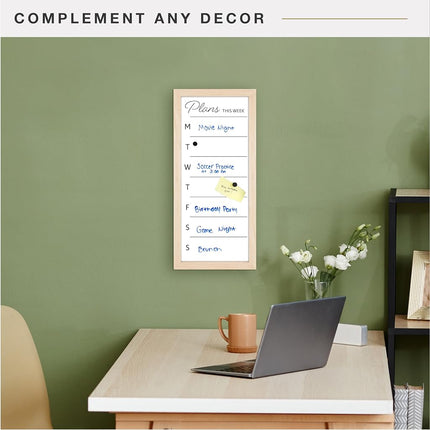 MCS Dry Erase Weekly Planner 11x24 Natural Framed Calander Whiteboard for Wall, Plan Your Week with Family Weekly Planner for Dinners, Sports, Events & More