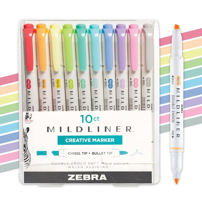 Zebra Mildliner Double Ended Highlighter, Assorted Ink Colors, Bold-Chisel/fine-Bullet Tips, Assorted Barrel Colors, 10/set