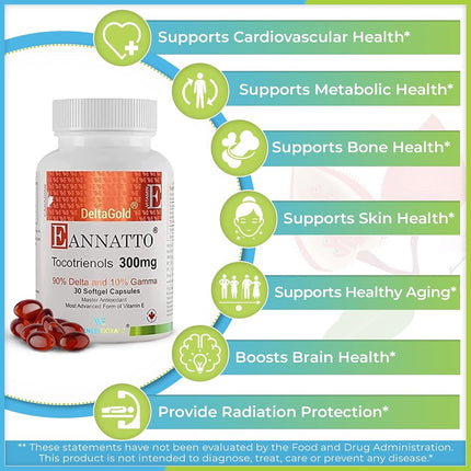 Complément de vitamine E Tocotriénols dérivé de rocou – DeltaGold, sans tocophérol, favorise le cholestérol, l'inflammation, la santé du cerveau et de la peau (300 mg, 30 gélules)