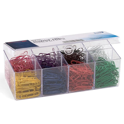 Officemate PVC-Free Color Coated Paper Clips, #2, 800 per Reusable Plastic Organizer with 8 Compartments (97228)