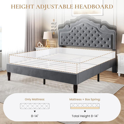 SHA CERLIN Full Size Bed Frame with Adjustable Headboard/Velvet Upholstered/Diamond Button Tufted and Metal Studs/No Box Spring Needed/Wooden Slat Support/Easy Assembly/Light Grey