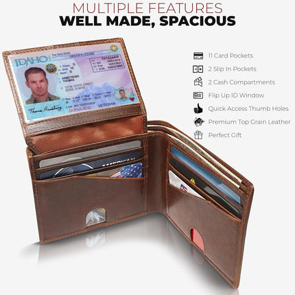 Cartera plegable de cuero RFID para hombre con identificación desplegable en color marrón búfalo vintage, SIN logotipo - Marrón Grizzly, Cartera plegable
