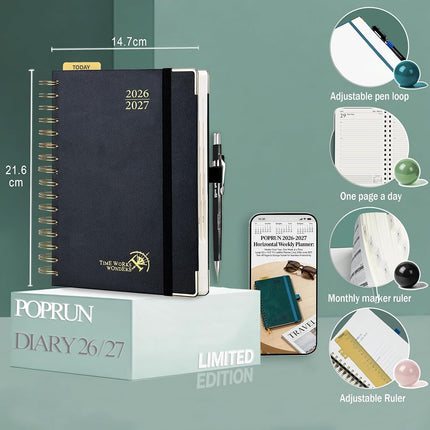POPRUN Academic Diary 2026-2027 A5 Day to Page Spiral Hard Cover Mid Year Daily Diary (Jul'26 - Jun'27) A Day per Page with Monthly Tabs 26/27 Planner(Pacific Green)
