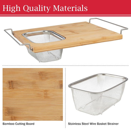 Cutting Board with Strainer - 2 in 1 Adjustable Bamboo Chopping Board with Removable Stainless Steel Colander for Over The Sink by Classic Cuisine