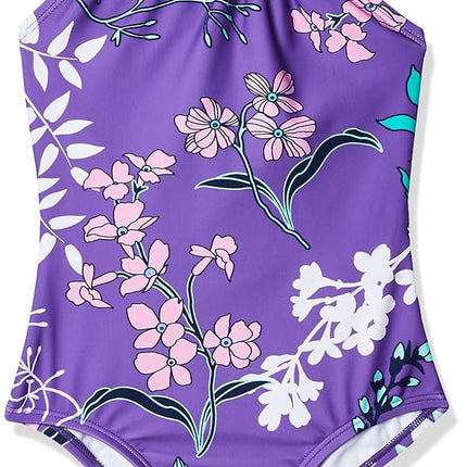 Traje de baño de una pieza con cuello halter deportivo de playa Kanu Surf Jasmine para niñas, Paige Floral Purple, 8