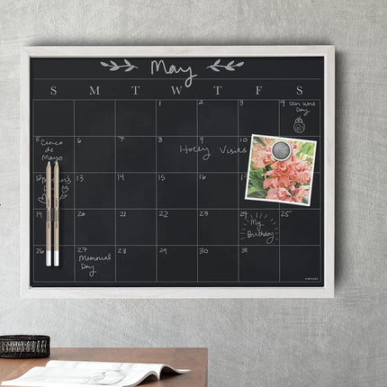 U Brands White Wash Frame Chalkboard Calendar Set, Office Supplies, with Magnet, Chalk Pencils 16” x 20”, 4 Pieces