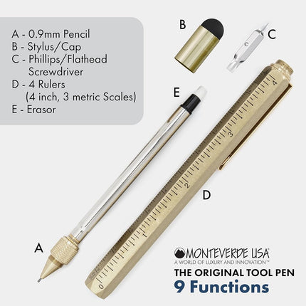 MONTEVERDE USA 9-in-1 Tool Mechanical Pencil in Brass – Hand-Machined Multifunctional Pencil with Stylus, Screwdrivers, Ruler, and Eraser – Exclusive Collection Ideal Engineers