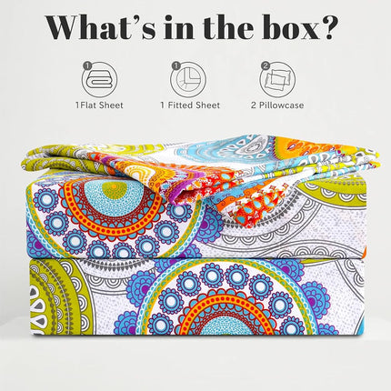 Bedlifes King Sheet Set Printed Sheets Ultra Soft Patterned Sheet Set Deep Pocket Flat Sheet& Fitted Sheet& Pillowcases 100% Microfiber 4 Piece King Size Multicolor Mandala