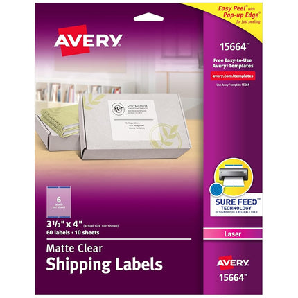 Etiquetas de envío transparentes Avery de acabado mate, tecnología Sure Feed, para impresoras láser, 3-1/3" x 4", 60 etiquetas, 5 paquetes (15664)