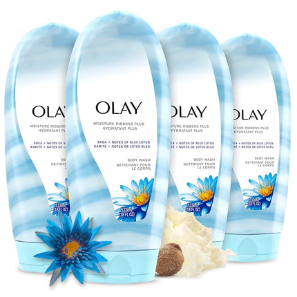 Olay Moisture Ribbons Plus Shea + Blue Lotus Body Wash, 18 Fl Oz, Pack of 4