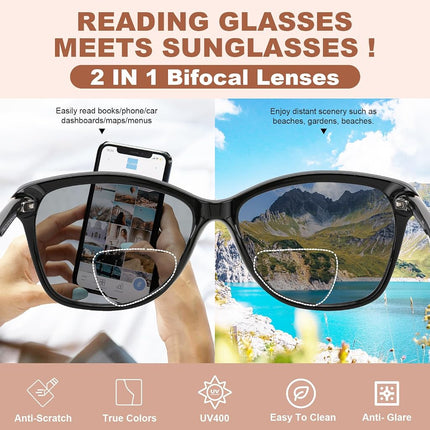 SKYOLUY Premium Bifocal Reading Sunglasses for Women, Retro Cateye Sun Readers UV400 Protection, Classic Shades Black & Tortoise (1 Black & 1 Tortoise, 2.75)
