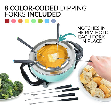 Olla eléctrica para fondue Nostalgia, 12 tazas, máquina de fondue con control de temperatura, 8 tenedores, asas frías al tacto, perfecta para derretir chocolate, queso, caramelo, aguamarina, FPS6AQ